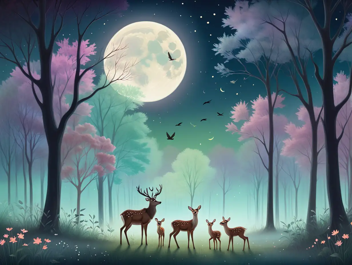 Magical-Moonlit-Forest-with-Deer-Family-and-Blooming-Flowers