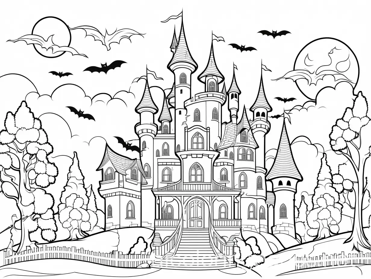 Spooky haunted castle with witches, bats, and monsters, white background, basic lines, cartoon style, Coloring Page, black and white, line art, white background, Simplicity, Ample White Space. The background of the coloring page is plain white to make it easy for young children to color within the lines. The outlines of all the subjects are easy to distinguish, making it simple for kids to color without too much difficulty