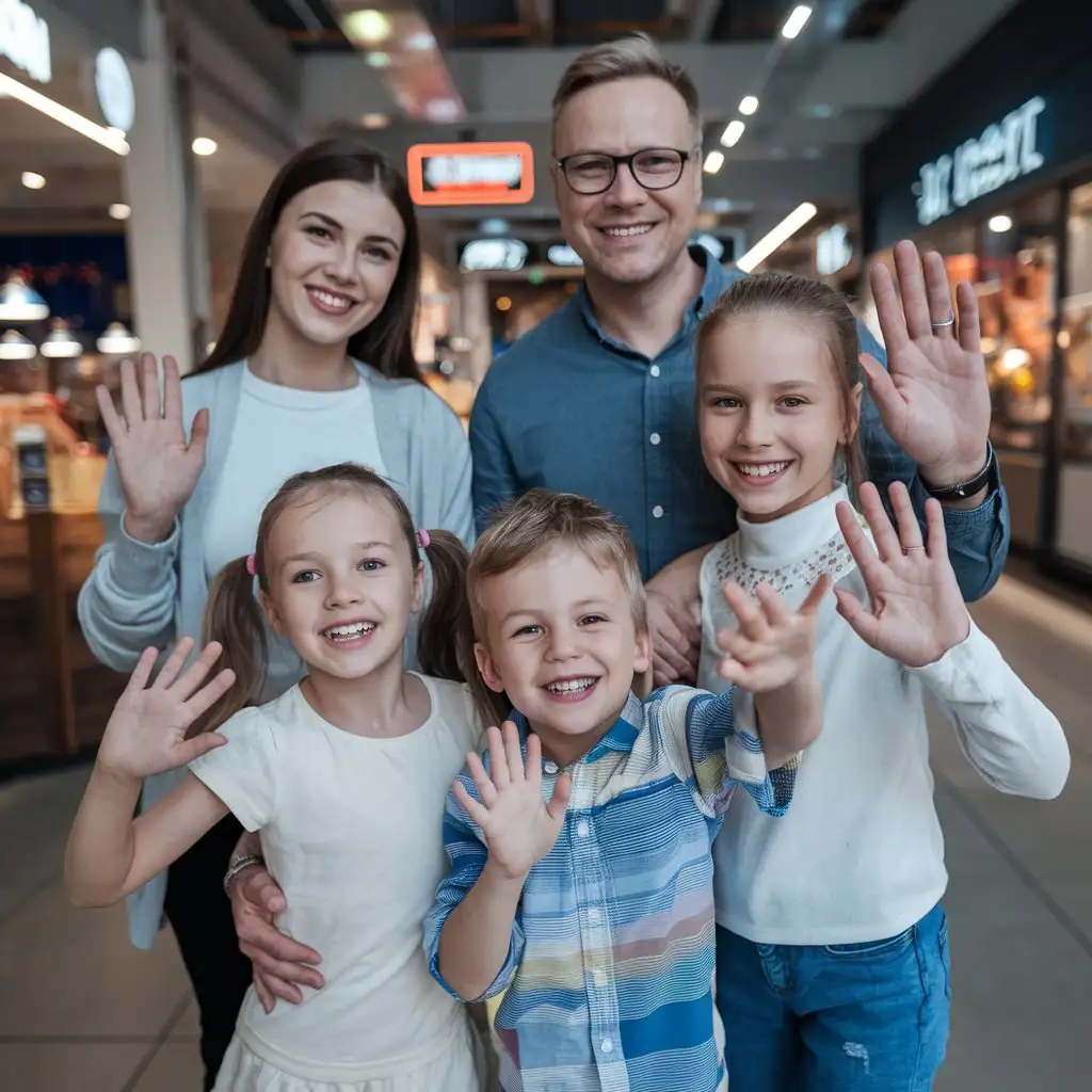 happy Russian family with children of different ages look at the camera, laugh and wave hands, portrait, background shopping center