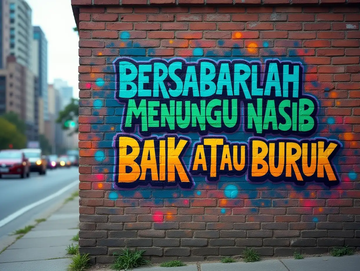 Create a vibrant graffiti art on a brick wall in a busy urban environment. The graffiti features two lines of text displayed artistically with bold and dynamic colors. The first line reads 'Bersabarlah menunggu Nasib' in large, striking letters, perhaps in shades of blue and green to denote health and vitality. The second line, reading 'Baik atau buruk', is placed directly below in a slightly smaller size but equally eye-catching, possibly in warm contrasting colors like orange or red to draw attention. The background showcases a distinctive cityscape with blurry building lines and moving cars, highlighting the wall as a canvas in the heart of the city.