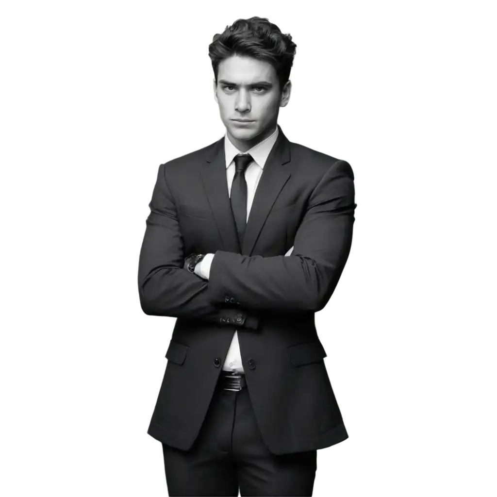 Black-and-White-PNG-Image-of-a-Clone-Person-in-a-Black-Suit-with-Hands-Folded