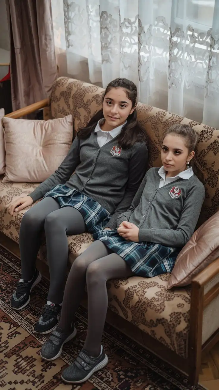 That's a photo of 14 years old two turkish girls, likely a schoolgirl, rest on a sofa. She's wearing a school uniform that includes a skinny gray cardigan or sweater, a white collared shirt, plaid skirt, gray shiny tights, and small running shoes .