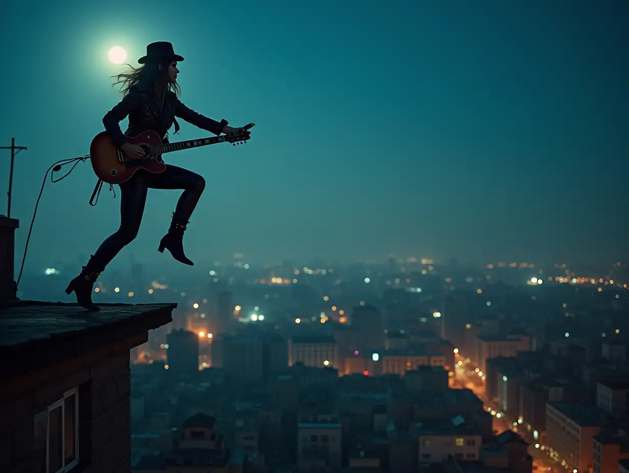 Steampunk-Diva-Leaping-Across-Rooftops-at-Night-with-Guitar