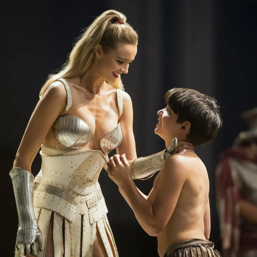 Cinematic-Gladiator-Duel-Between-Beautiful-Woman-and-Enchanted-Boy-in-Shining-Armor