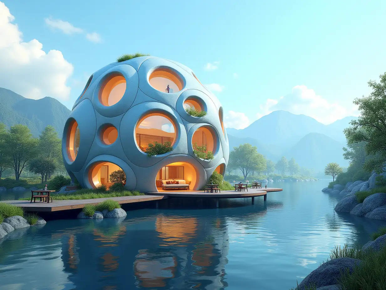 A futuristic multi-story house made of many hollow illuminated glass balls and wood lies on the water with many plants and trees blue sky bright environment mountains in the background colorful 8k quality