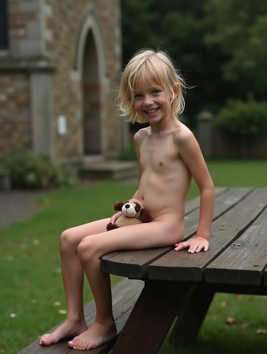 Skinny-Little-Girl-with-Stuffed-Animal-Sitting-at-Picnic-Table-in-Garden-of-Stone-Church