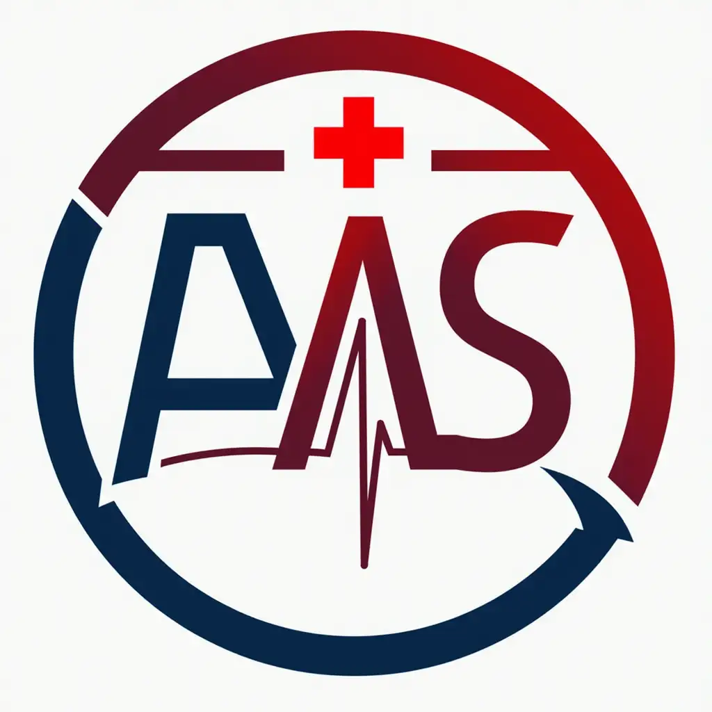 Design a circular logo for an ambulance service featuring the letters 'A, A, S.' The letters should be creatively integrated into the circle, with a medical cross or heartbeat line as a central element. Use a clean and modern font for the letters, ensuring they remain bold and readable. Incorporate a red and white color scheme, symbolizing emergency services, with accents of blue for trust and professionalism. The design should evoke a sense of urgency, care, and reliability, with the circle representing unity and inclusiveness.