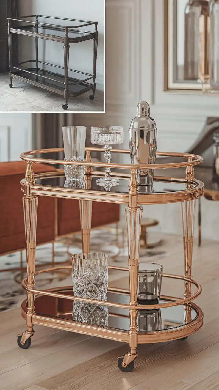 A before-and-after scene of a bar cart. Before: Plain metal with no personality in a corner. After: Art Deco style with gold accents and mirrored shelves, styled with crystal glasses and a cocktail shaker in a chic living room. Photorealistic, high detail, 4K resolution.