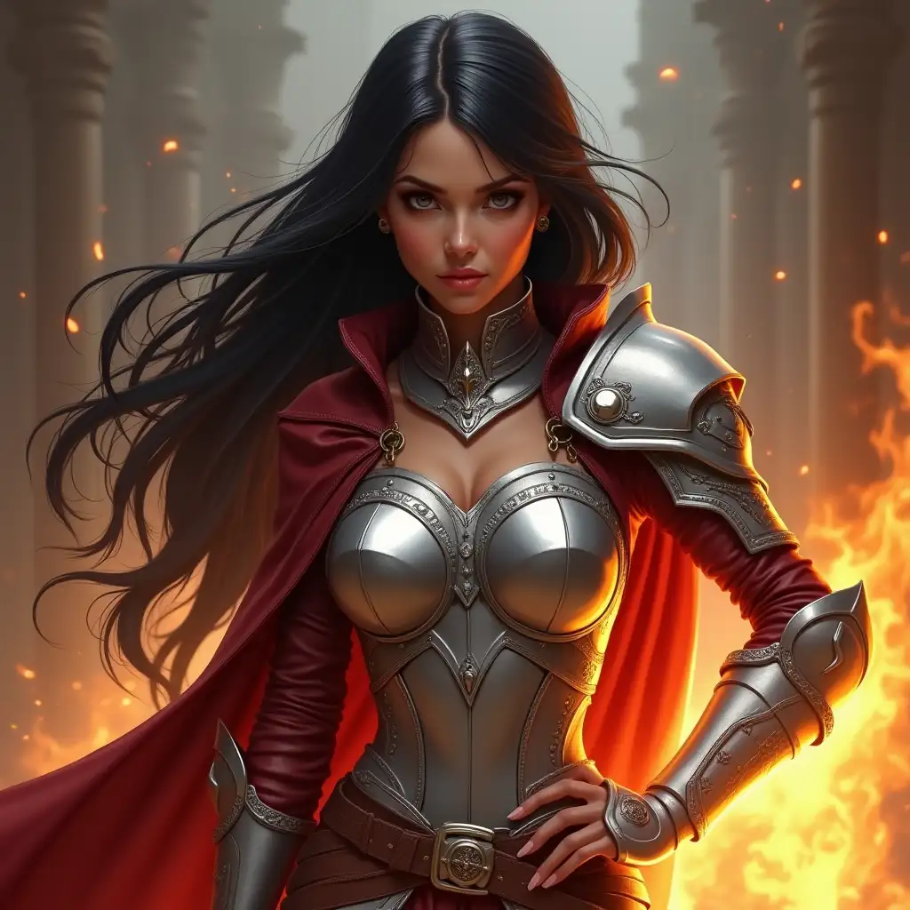 Fantasy-Warrior-Woman-with-Magical-Fire-Powers-in-Silver-Armor-and-Red-Leather