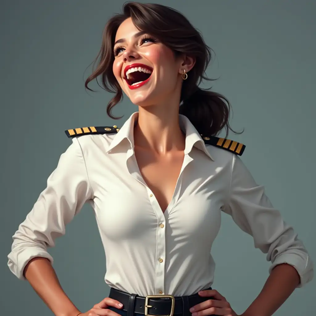 pilot girl in white unbuttoned shirt, laughing, open mouth, red lips, belt on waist, hd,ultra- realism