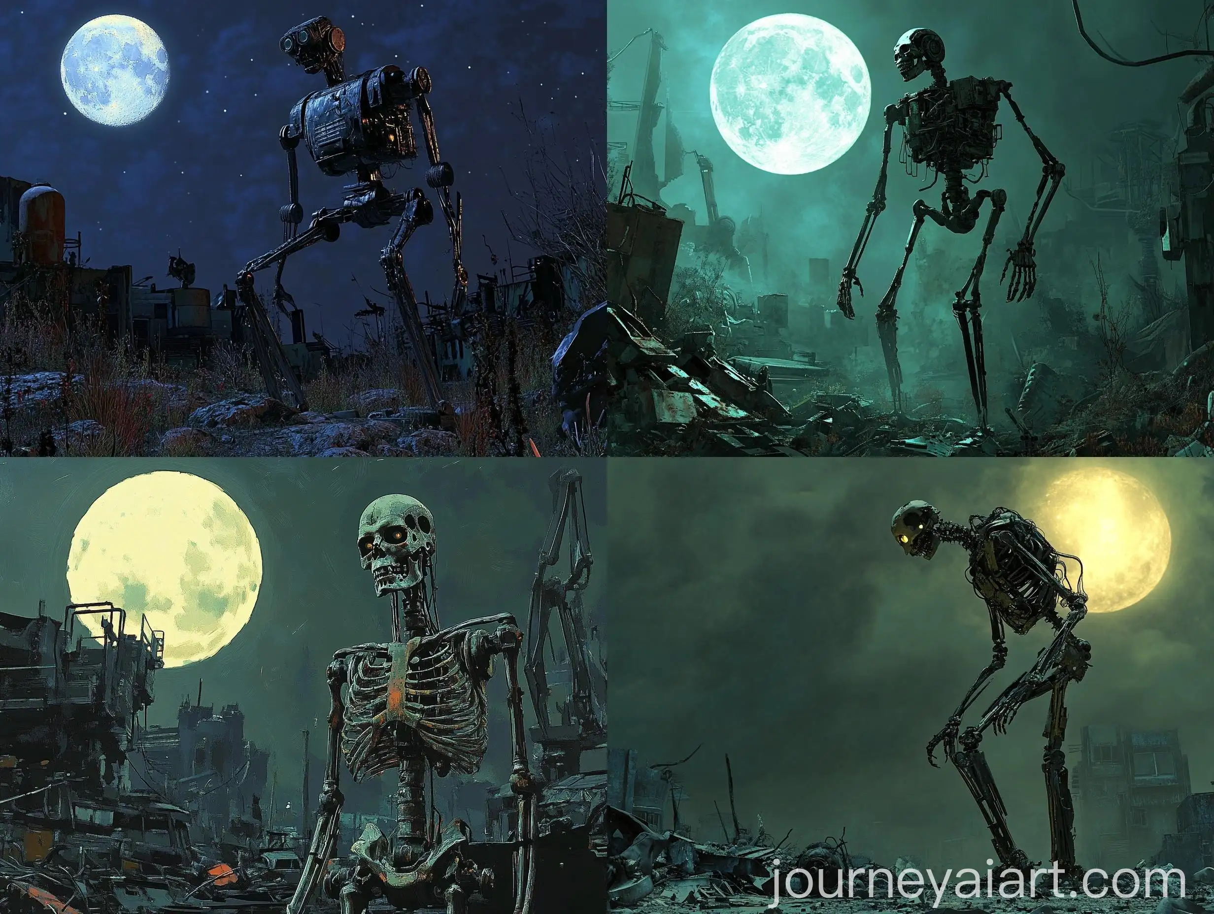 Skeletal-Robot-in-Moonlit-Junkyard-Haunting-Testament-of-Technological-Marvels