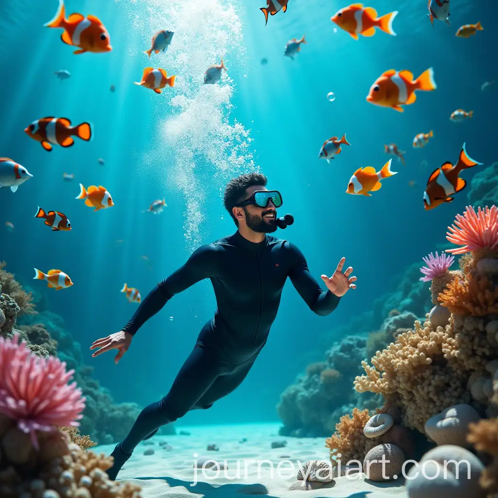 Handsome-Arab-Man-Snorkeling-with-Tropical-Fish-in-Vibrant-Underwater-Scene