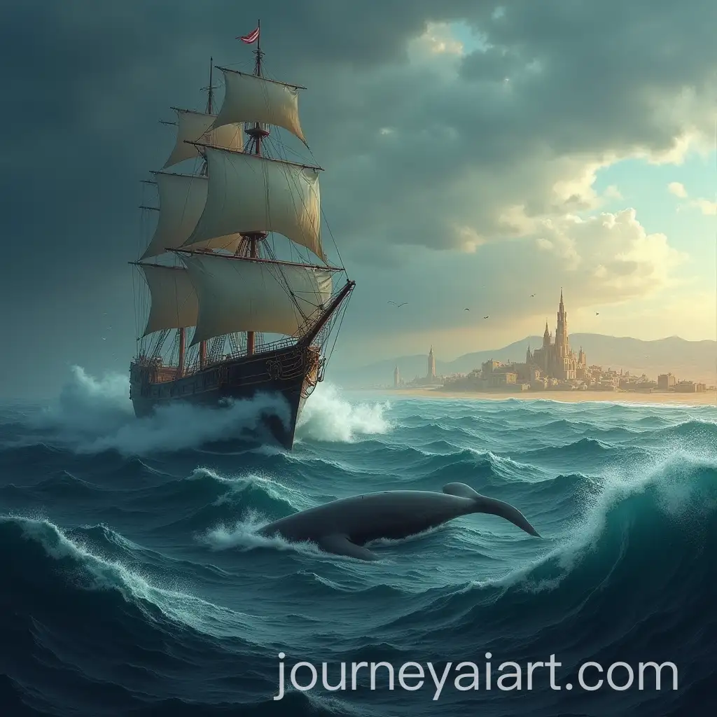 Ship-in-a-Storm-at-Sea-with-Whale-and-Desert-City-Background