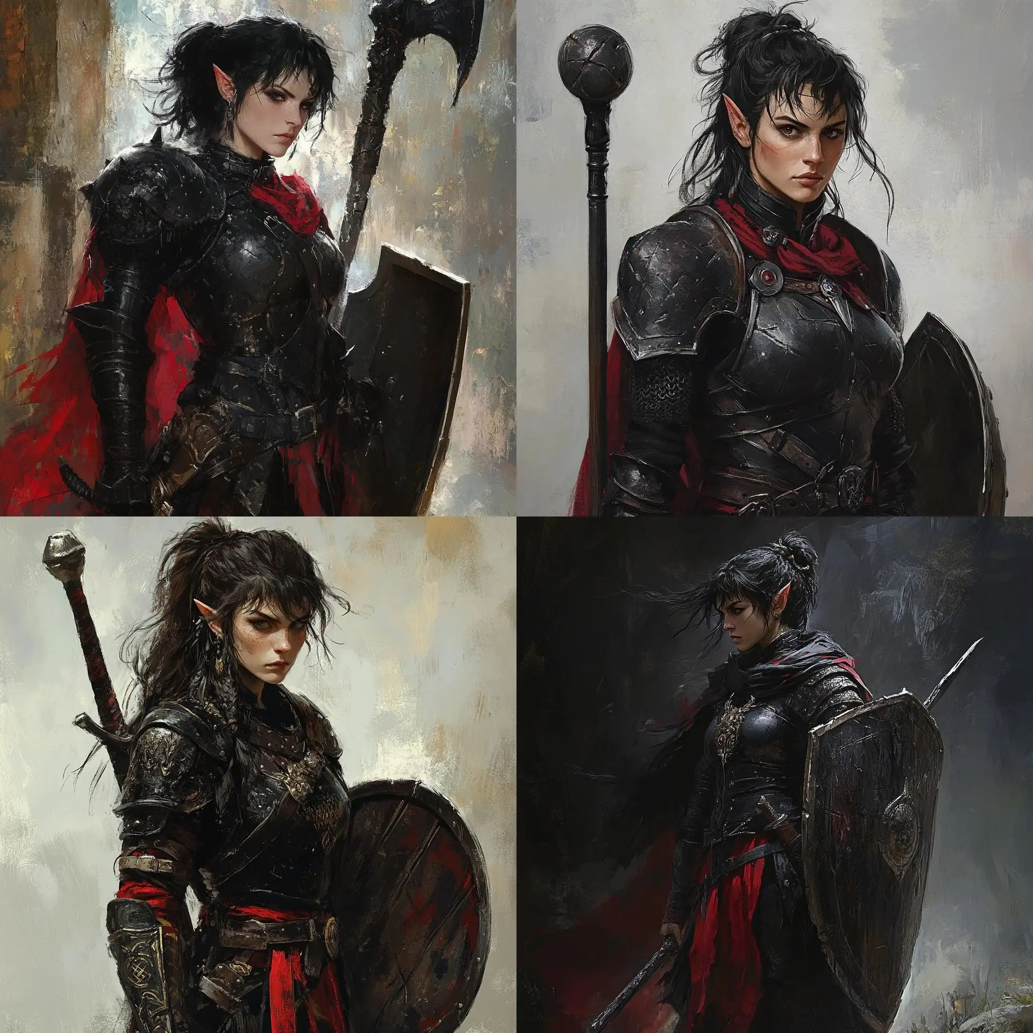 Edgy-Elf-Warrior-Woman-in-Black-and-Red-Armor-with-Mace-and-Shield