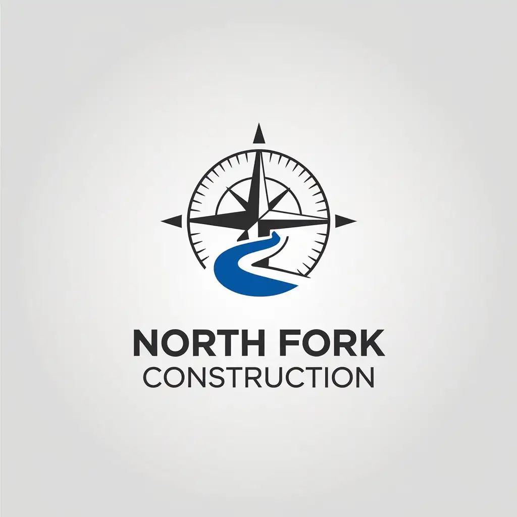 LOGO Design for North Fork Construction Compass Pointing North with River Minimalistic Style for Construction Industry