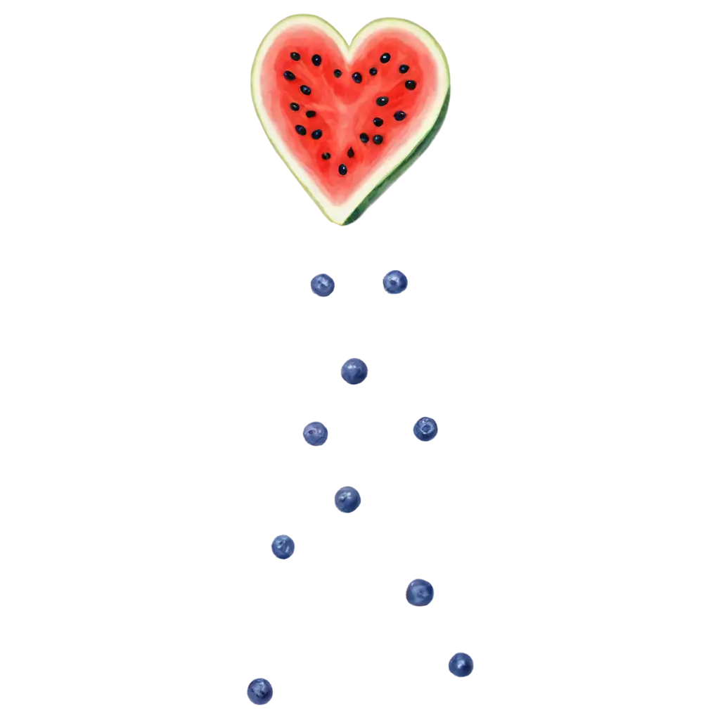 Watercolour-Heart-Made-from-Red-Watermelon-PNG-Image-with-Floating-Blueberries