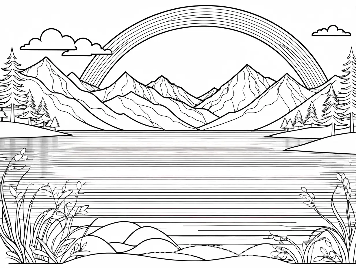 a rainbow and a lake, Coloring Page, black and white, line art, white background, Simplicity, Ample White Space. The background of the coloring page is plain white to make it easy for young children to color within the lines. The outlines of all the subjects are easy to distinguish, making it simple for kids to color without too much difficulty, Coloring Page, black and white, line art, white background, Simplicity, Ample White Space. The background of the coloring page is plain white to make it easy for young children to color within the lines. The outlines of all the subjects are easy to distinguish, making it simple for kids to color without too much difficulty