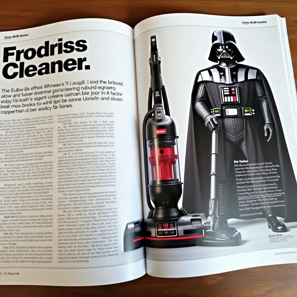 full-page advertisement for a Darth Vader shaped vacuum cleaner in a news magazine