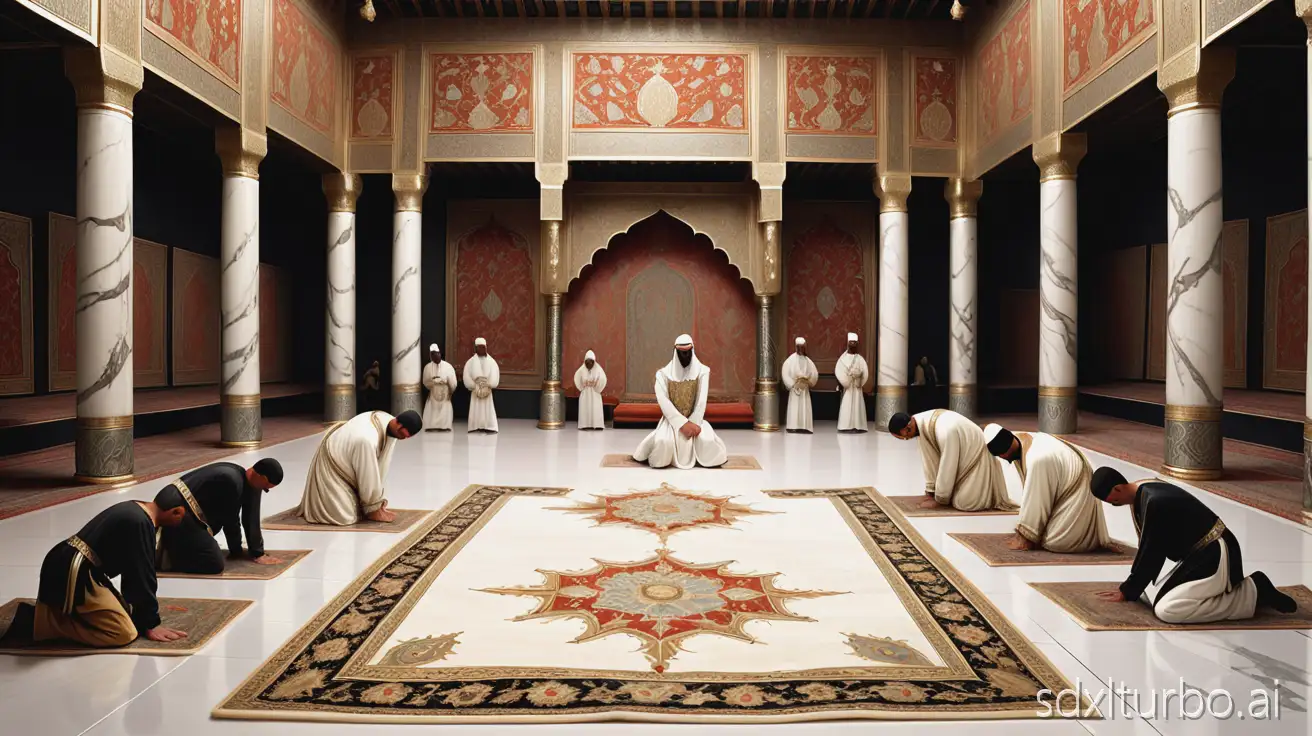 The year 1350. A large, bright oriental palace room with oriental carpets on the floor. In the center, a three-tiered pedestal of white marble. On it stands a throne of gold and ivory. Seated upon it is an young arab ruler in magnificent armor. Around him, the audience kneels on the floor. The black tribal audience has their upper bodies bent forward, pressing their heads to the floor.
