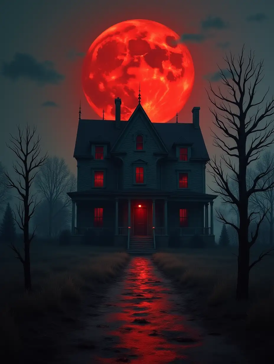 nightmare, horror film scene, abandoned manorn, red moon in the sky, masterpiece, gloomy background, painting art