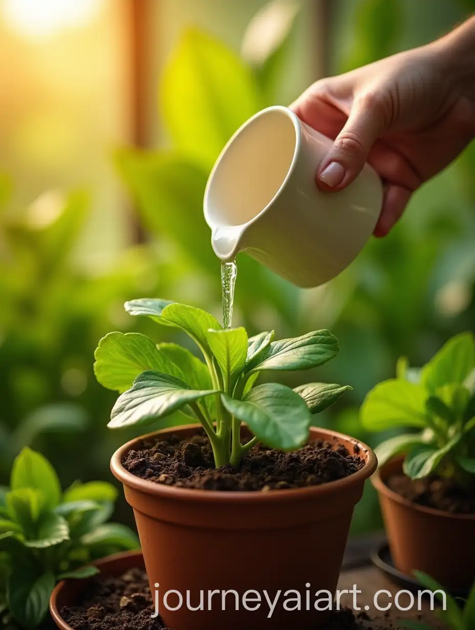 Hand-Watering-a-Vibrant-Green-Plant-in-a-Sunlit-Garden-Setting