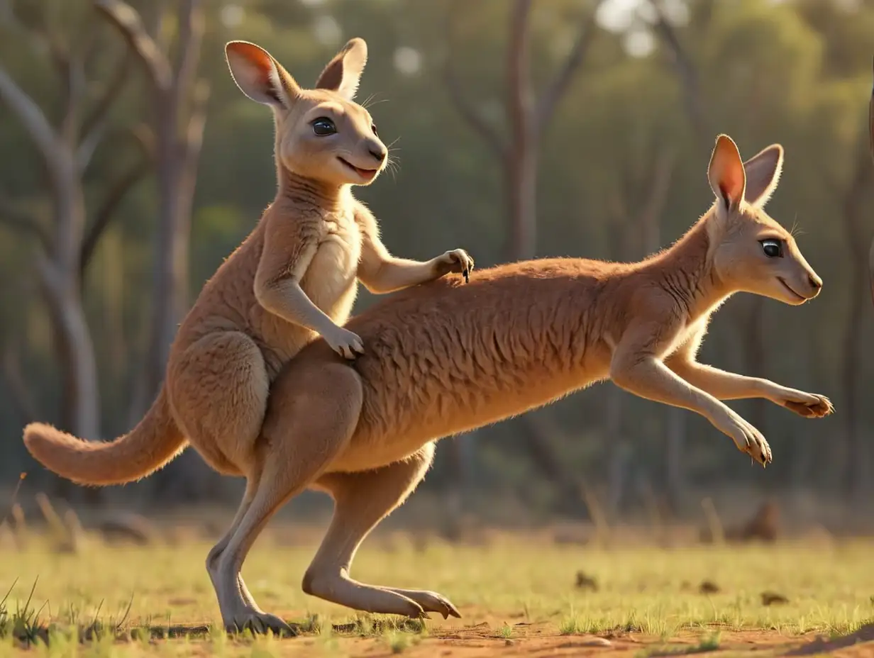 side view, a mother kangaroo with a small baby kangaroo hopping. The background should be a wide field., 3d disney inspire
