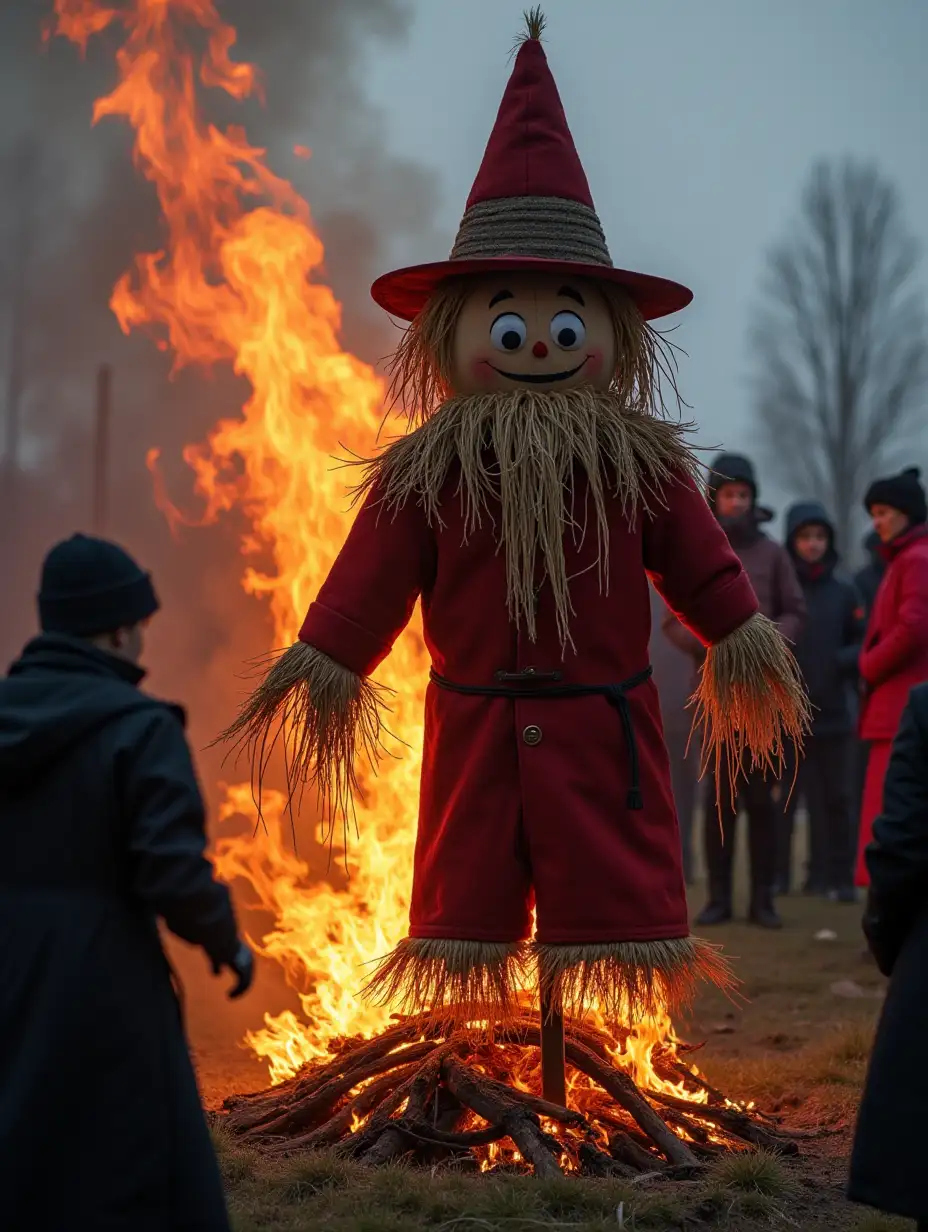 scarecrow of Kostroma is burning on Maslenitsa in a circle of people