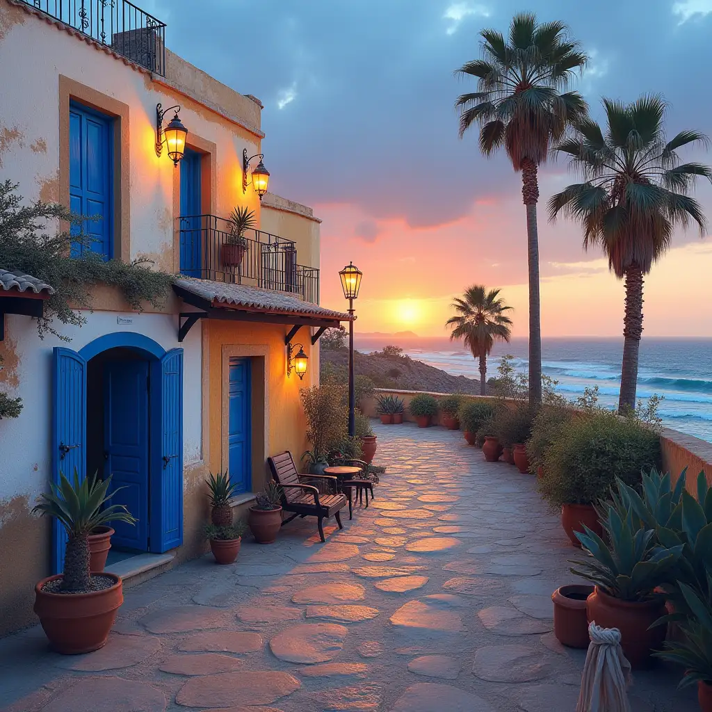 Morning Sunrise in Moroccan Medina with Blue Windows and Palm Trees