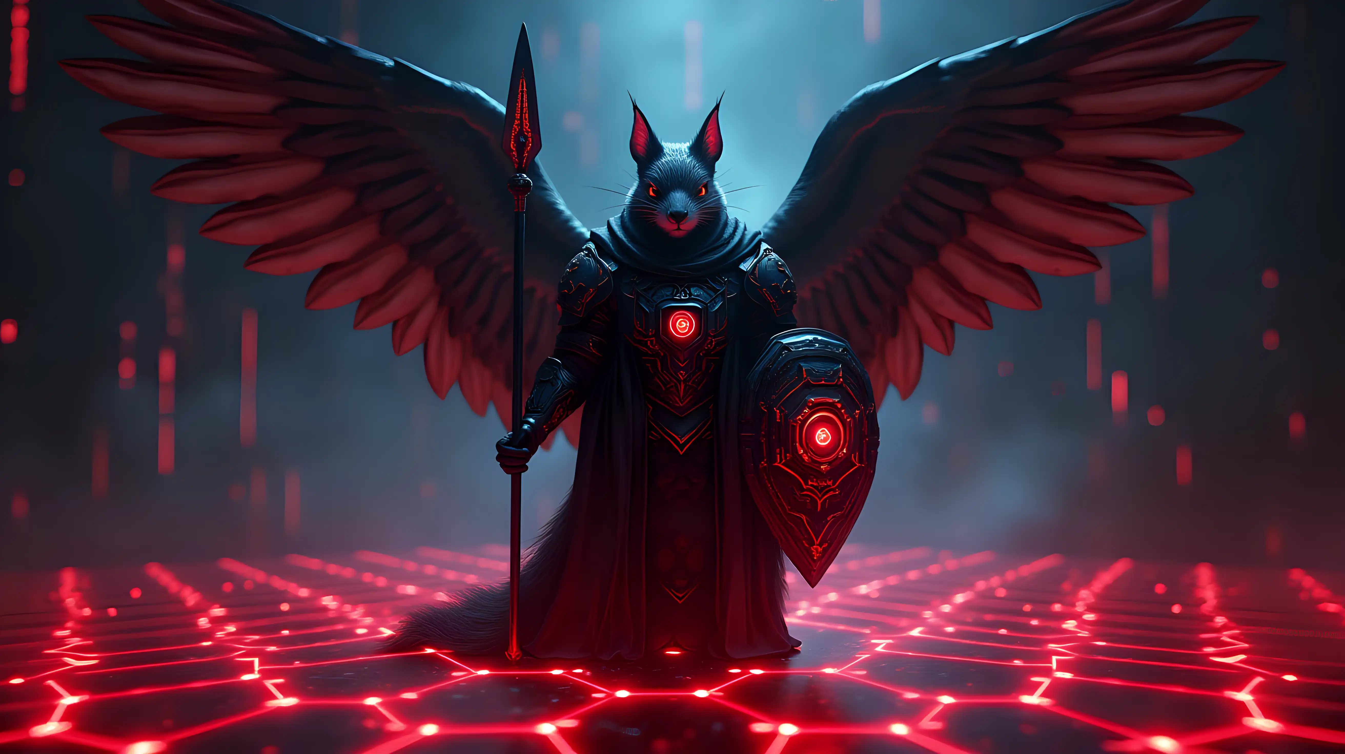 A dark, atmospheric scene with glowing red and blue hues. In the center stands a powerful angelic figure with subtle squirrel-like features—fur-lined face, slightly elongated ears, and a bushy tail partially wrapped in a dark cloak. The angel wears futuristic, gleaming armor etched with cryptographic runes, holding a spear in one hand and a shield in the other. The shield bears the emblem of a stylized eye within a hexagon. The angel gazes downward through a vast, glowing hexagonal tessellated lattice beneath them, like a cosmic network grid. The background is filled with shadows, circuitry patterns, and faint digital code streaming across the void, evoking a feeling of watchful vigilance and digital warfare