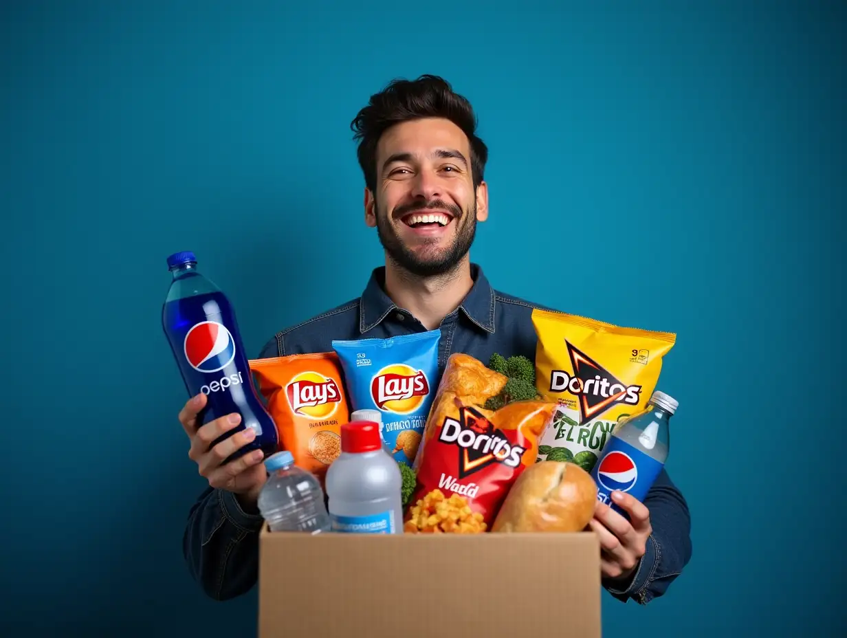 A happy man holding numerous grocery items (Pepsi Bottles, Chips Lay's, Doritos, Water, Bread, Wegitables and more) in his hands. He is excited to go home with all the food, as it's on sale at the supermarket. Dark blue Background. This is a high-resolution, hyper-realistic photograph.