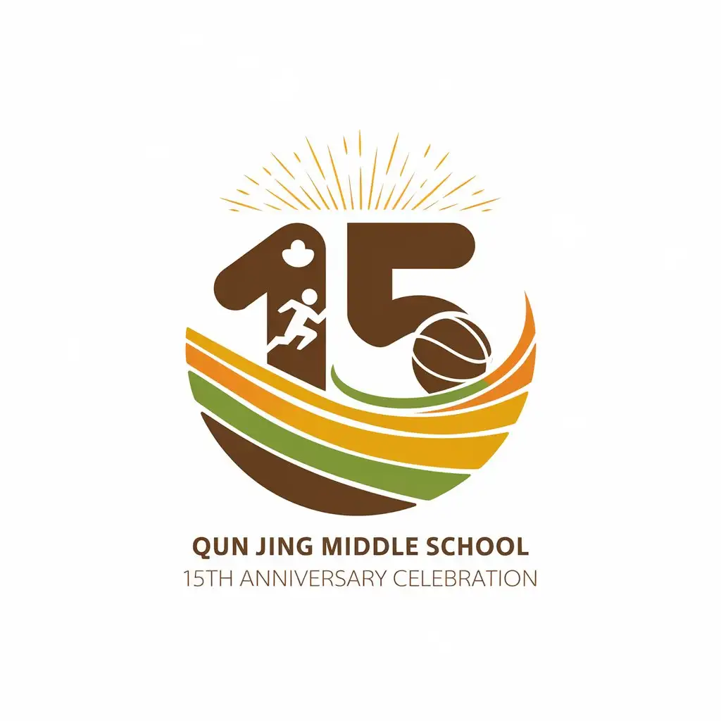 LOGO-Design-for-Qun-Jing-Middle-School-15th-Anniversary-Celebration-Minimalistic-Circle-with-Athletic-and-Educational-Symbols-in-Orange-and-Yellow