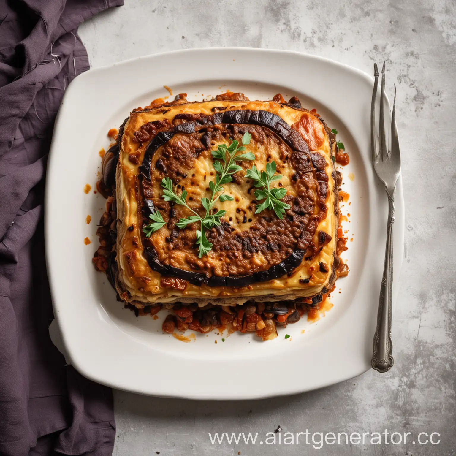 Moussaka-with-Eggplant-on-White-Plate-Top-View