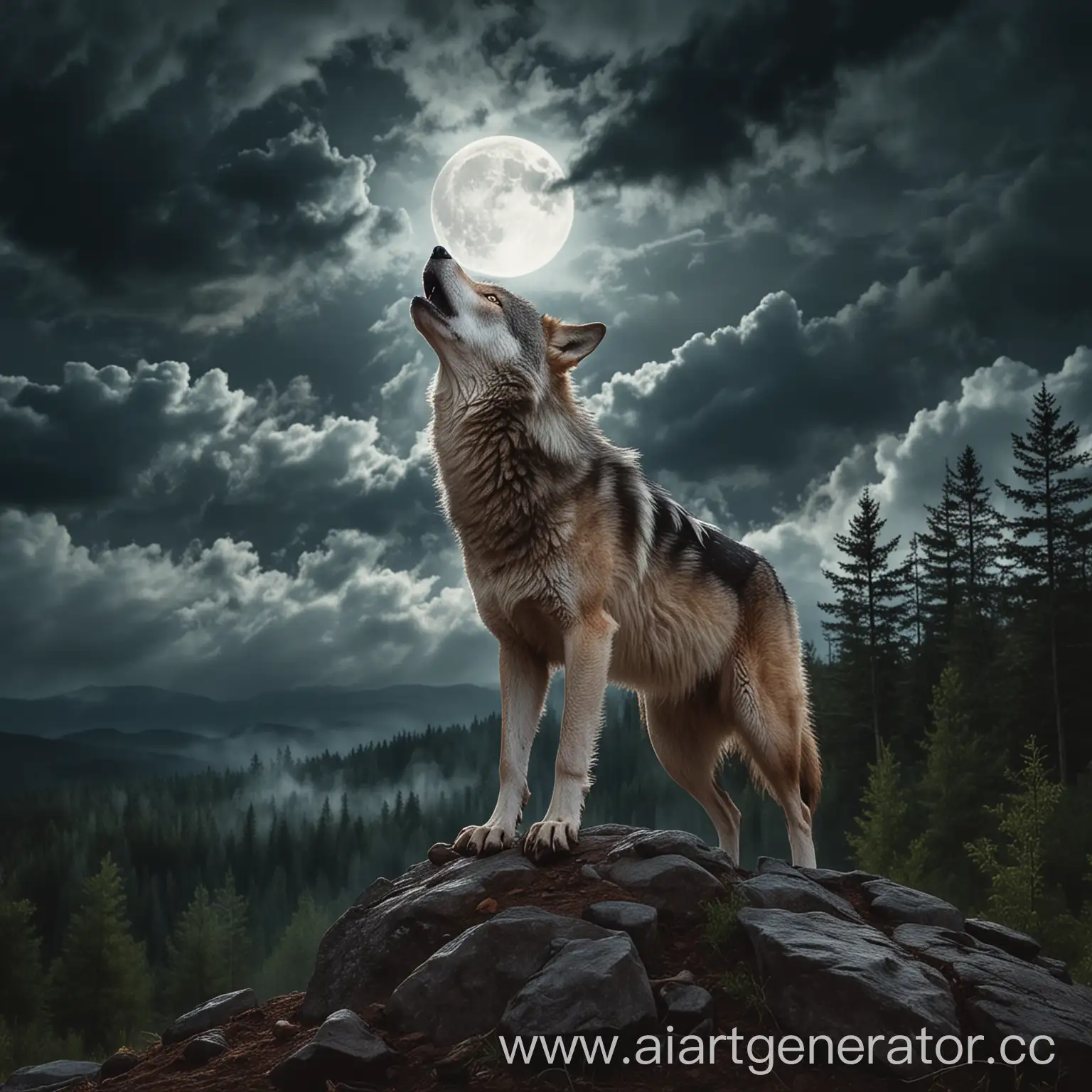 Wolf standing on a hill, night, cloudy sky, moonbeams breaking through the clouds, forest behind