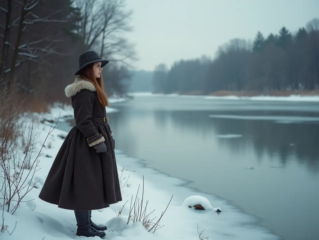 I want an image of a girl aged 14 in the olden times standing next to a frozen river