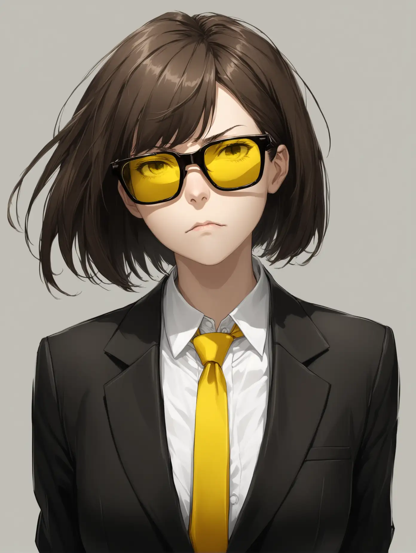 1girl, a woman looking upward with sunglasses, wearing black suit, black suit, studio lighting, neutral color background, simple color background, dark brown hair, professional sunglasses, white shirt, yellow tie, bobcut hair style, no teeth visible, eyes visible through glasses, semi transparent glasses, suspecious, frown, professional lighting, high quality clothes, top down look, low angle, rectangle glasses, wind blowing hair, hair in wind