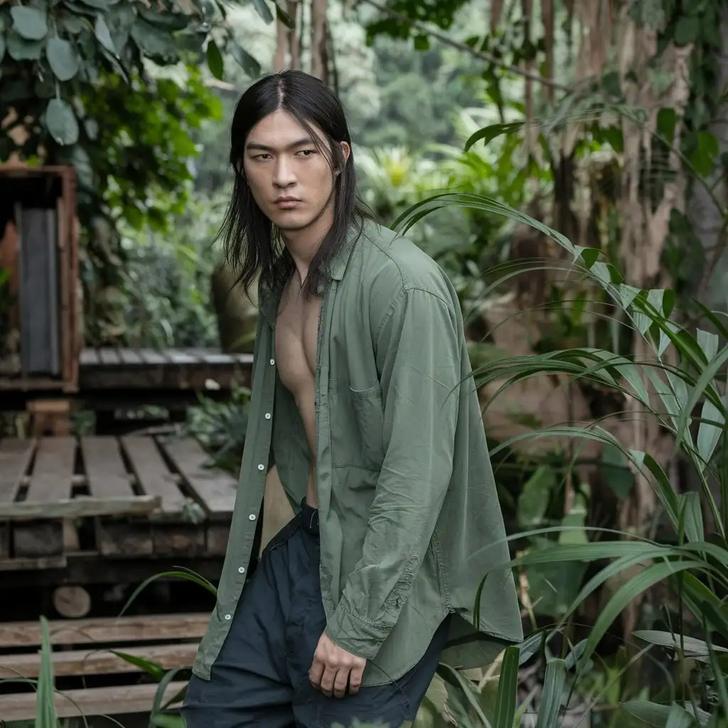 a realistic raw photography of an asian male model with long hair in the jungle