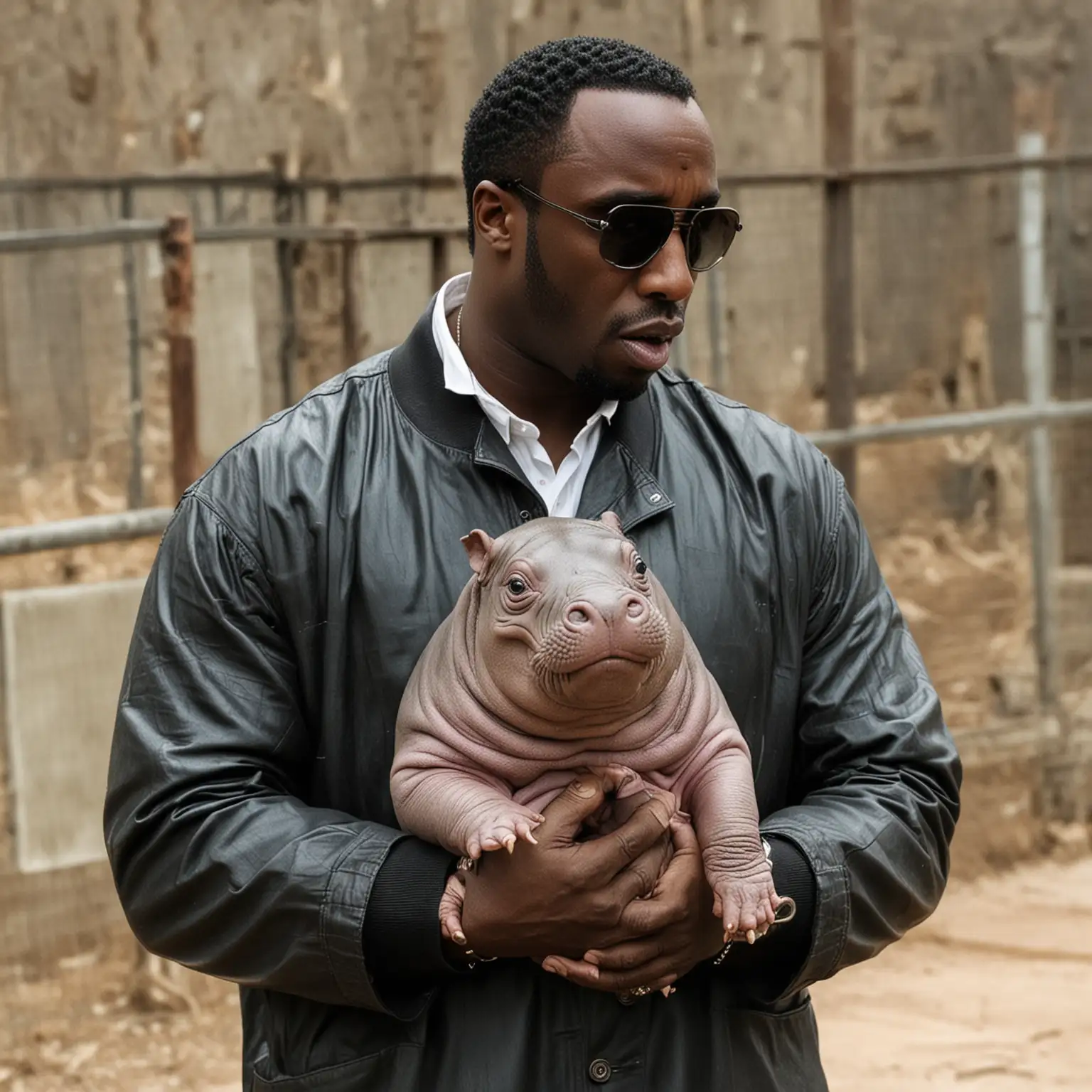 Rapper-P-Diddy-Comforting-a-Baby-Hippo-in-a-Deserted-Zoo