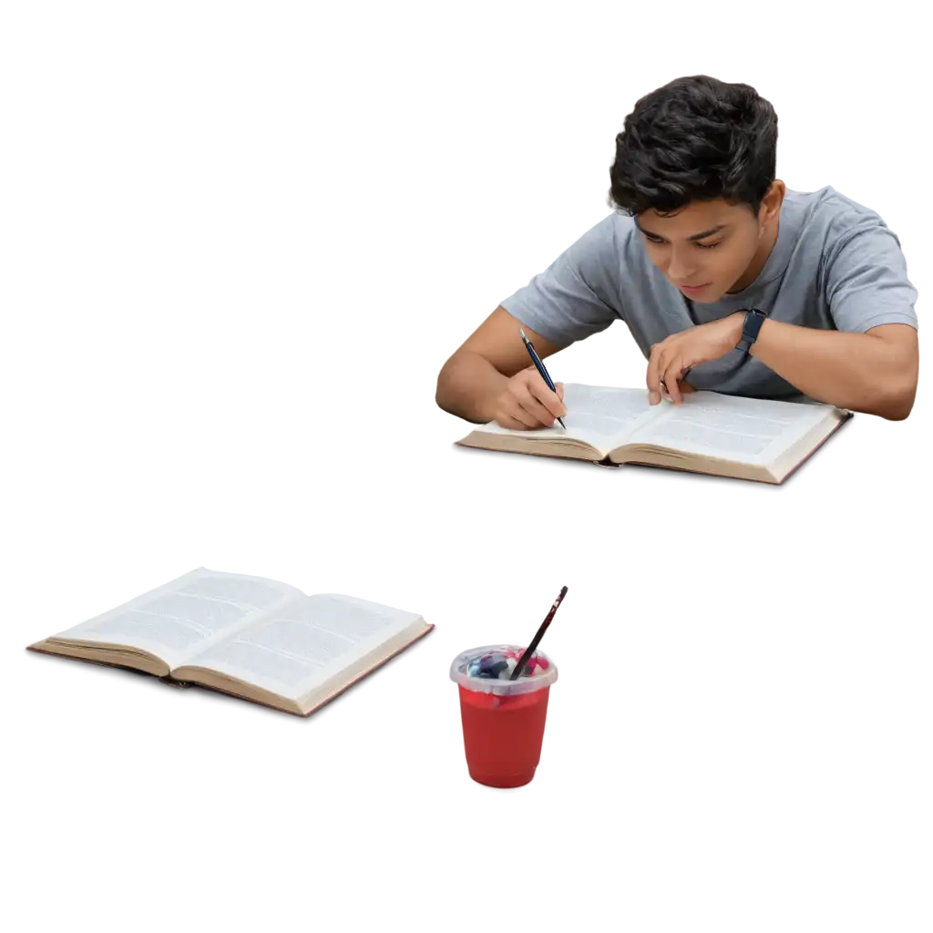 College-Boy-Studying-a-Book-with-Pens-and-Books-on-the-Table-PNG-Image-for-Educational-Content