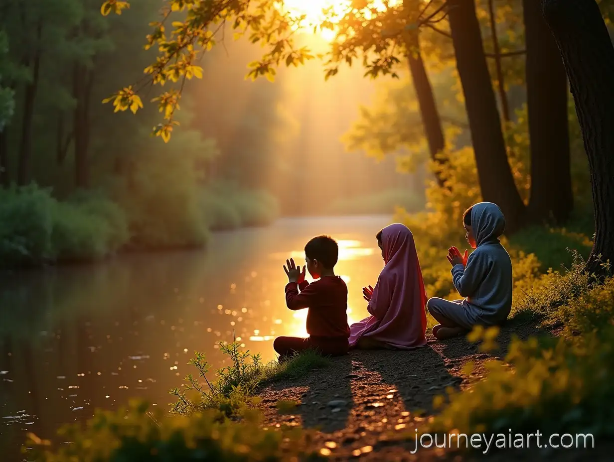 Islamic-Children-Praying-in-a-Forest-Near-Water-withIslamic-children-praying-Sunlight-Through-Leaves