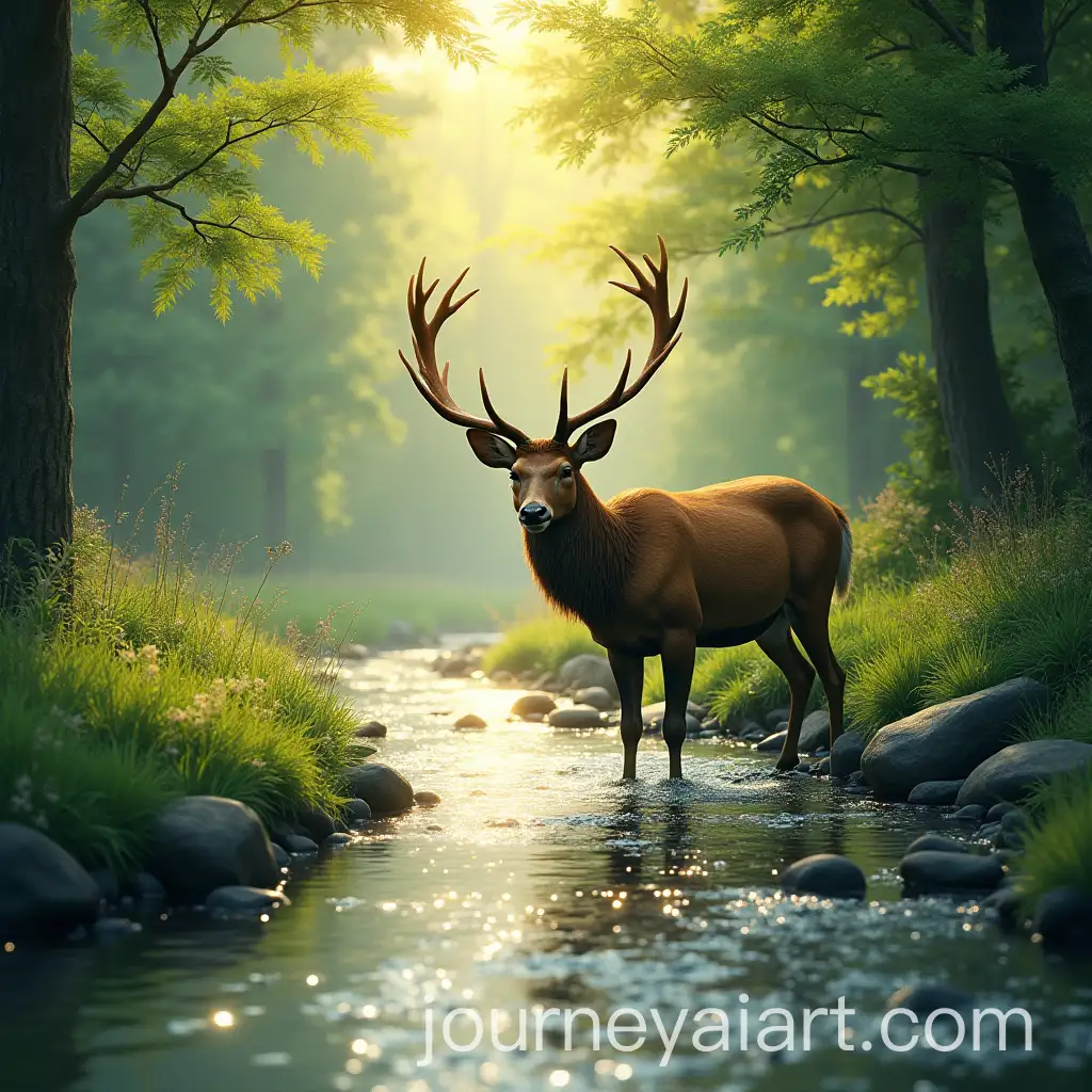 Majestic-Deer-DrinkingAI-Image-Prompt-Expansion-from-Flowing-River-at-Sunset-in-Lush-Forest