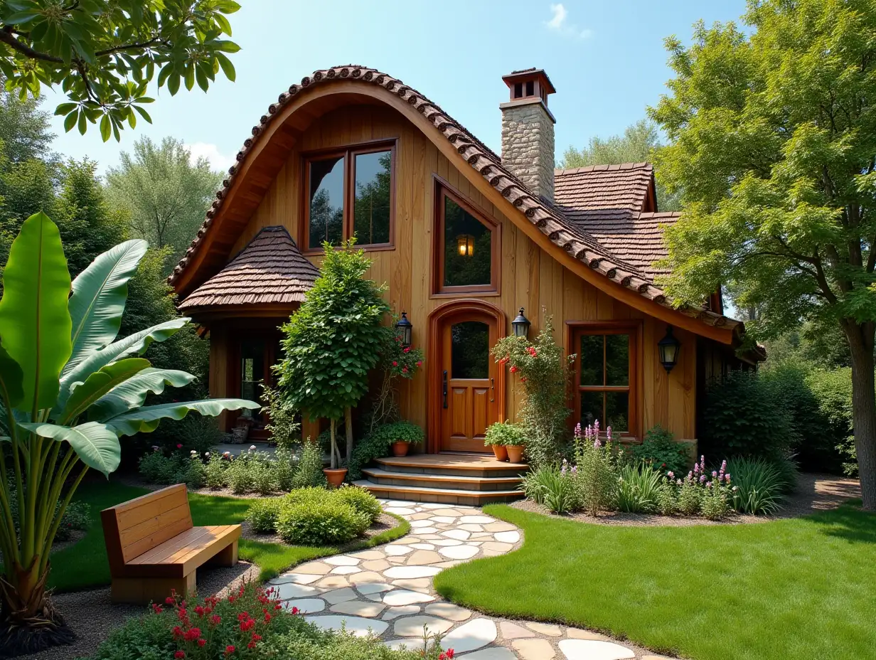 crooked House Garden planting-with wood Stucco, large windows with glass to, curved, smooth window shapes, winding big entrance steps made of wood Waterfall, banana plants Complex curved roof,Lanterns,Bench Apple tree 4K resolution bright Colorful superWide-angle shots