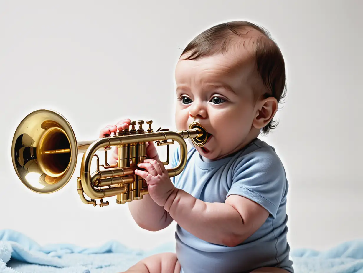 Cute Baby Delightfully Playing a Trumpet