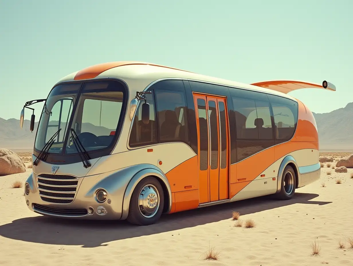 Supermodern utopian bus with rear wings, lowered, aluminum wheels, cream, orange and silver colors, Cyberpunk