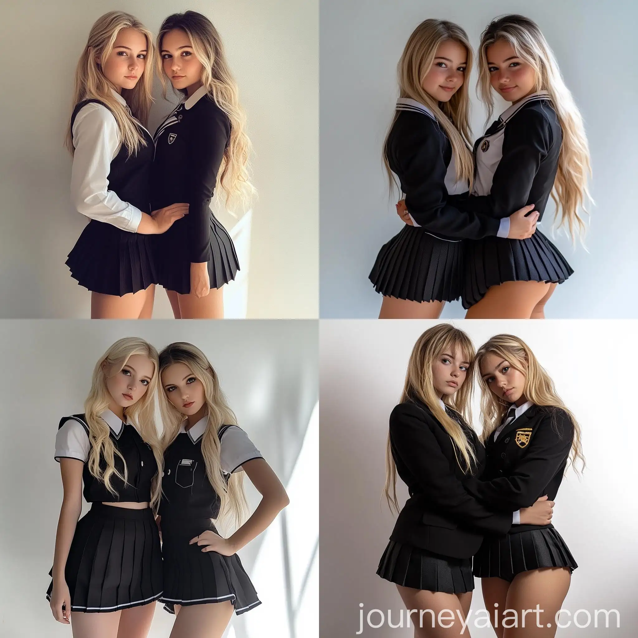 Blonde-Women-in-School-Girl-Uniforms-Posing-at-Photography-Studio