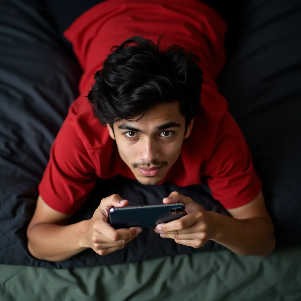 A young South Asian man, likely in his late teens or early twenties, lounges on a quilted mattress—but with a playful twist. His head hangs off the edge of the bed, creating a striking upside-down perspective that immediately grabs attention. His tousled dark curls frame his face as he locks eyes with the viewer, his expression calm yet intensely focused. Dressed in a bold red t-shirt, he grips a smartphone iPhone in both hands, rotated 180 degrees as he dives deep into his game. The soft overhead lighting highlights his features, casting gentle shadows that add depth and dimension. The background features a dark, textured quilt with subtle patches of muted green near the bottom, creating a visually appealing contrast against his vibrant clothing. The unique angle, bold colors, and immersive moment make for a dynamic, almost cinematic composition—pulling the viewer into his world of digital excitement and carefree relaxation.