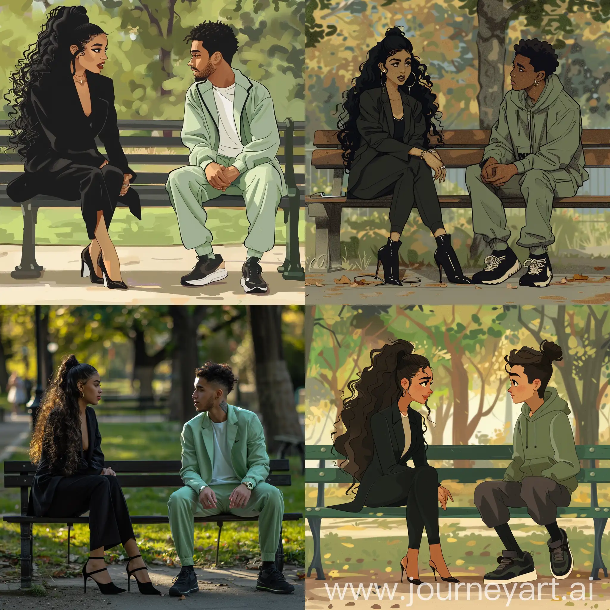 Young-Woman-in-Black-Suit-Talking-to-Boy-in-Green-Tracksuit-at-Park-Bench