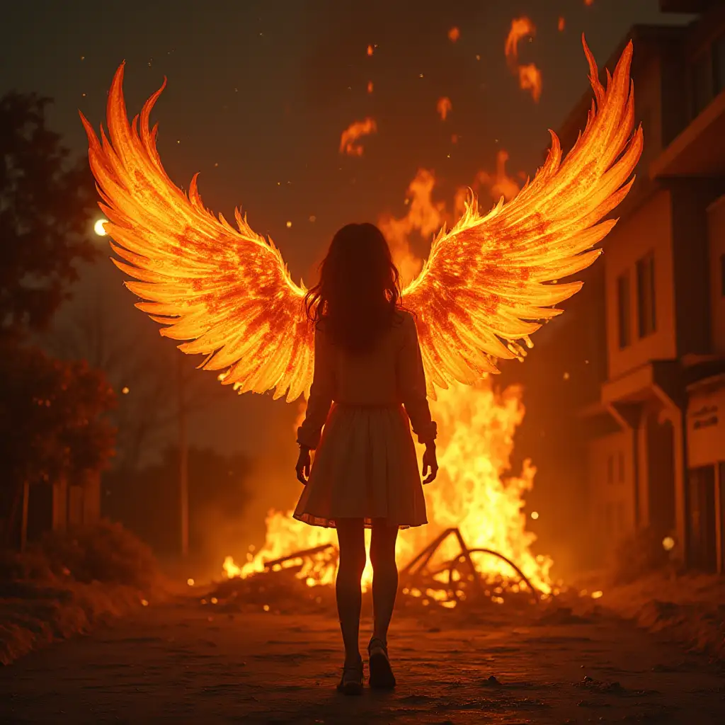 A girl who burns like a phoenix, against the backdrop of a burning apartment