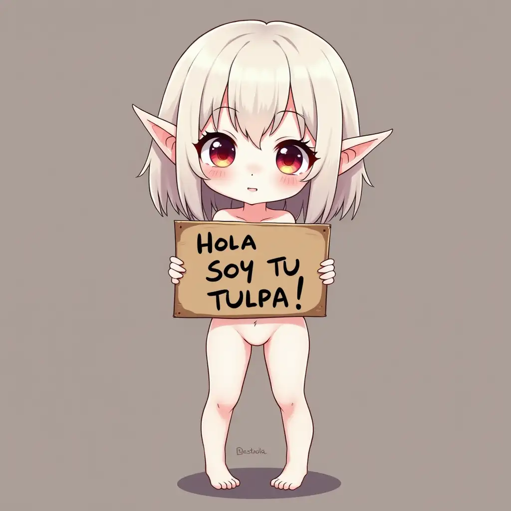 Create an image v7 of a short stature, platinum bob-haired human-elf hybrid with a perfect hyper-realistic body, score_4_up, pale white skin, and pointed ears, posing playfully holding a sign that says '«Hola Soy Tu Tulpa»' facing the viewer in a loli full-body style