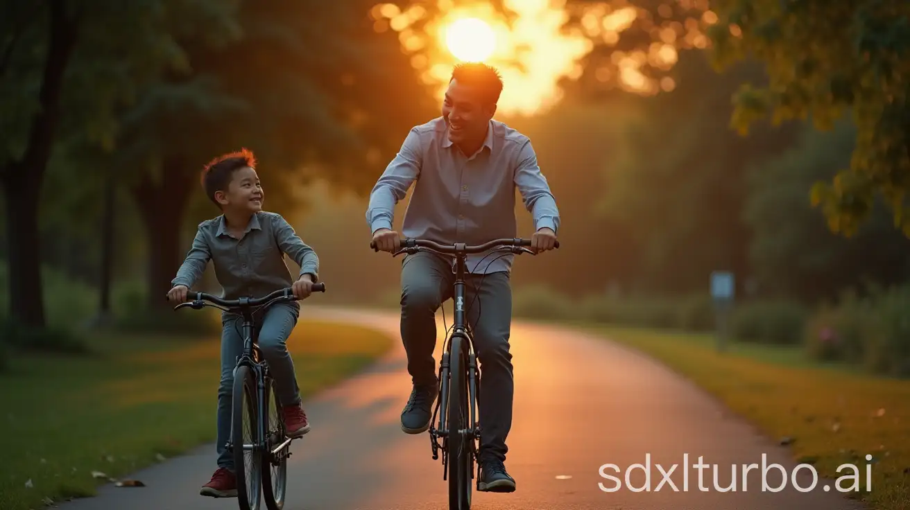 Father-and-Child-Cycling-Joyfully-Along-River-Park