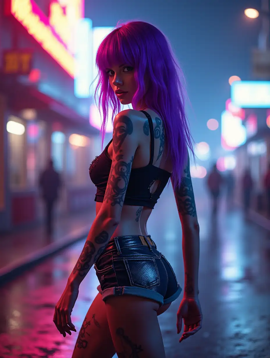 Cyberpunk-Girl-with-Metallic-Tattoos-and-Bright-Purple-Hair-Walking-on-Neon-Street